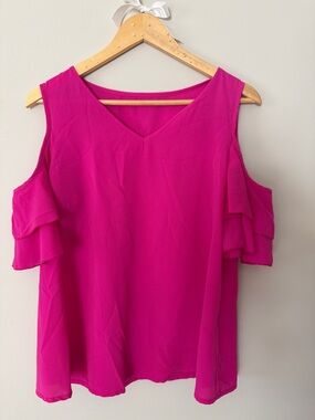 SHEIN Hot Pink Cold-Shoulder V-Neck Ruffle Sleeve Blouse